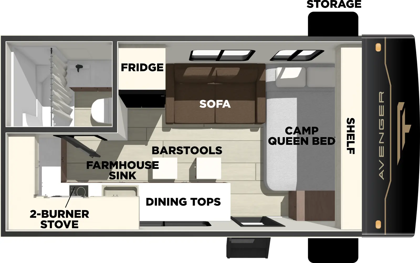 The Avenger 17RK floorplan has one entry and zero slide outs. Exterior features include: metal exterior. Interiors features include: front bedroom.